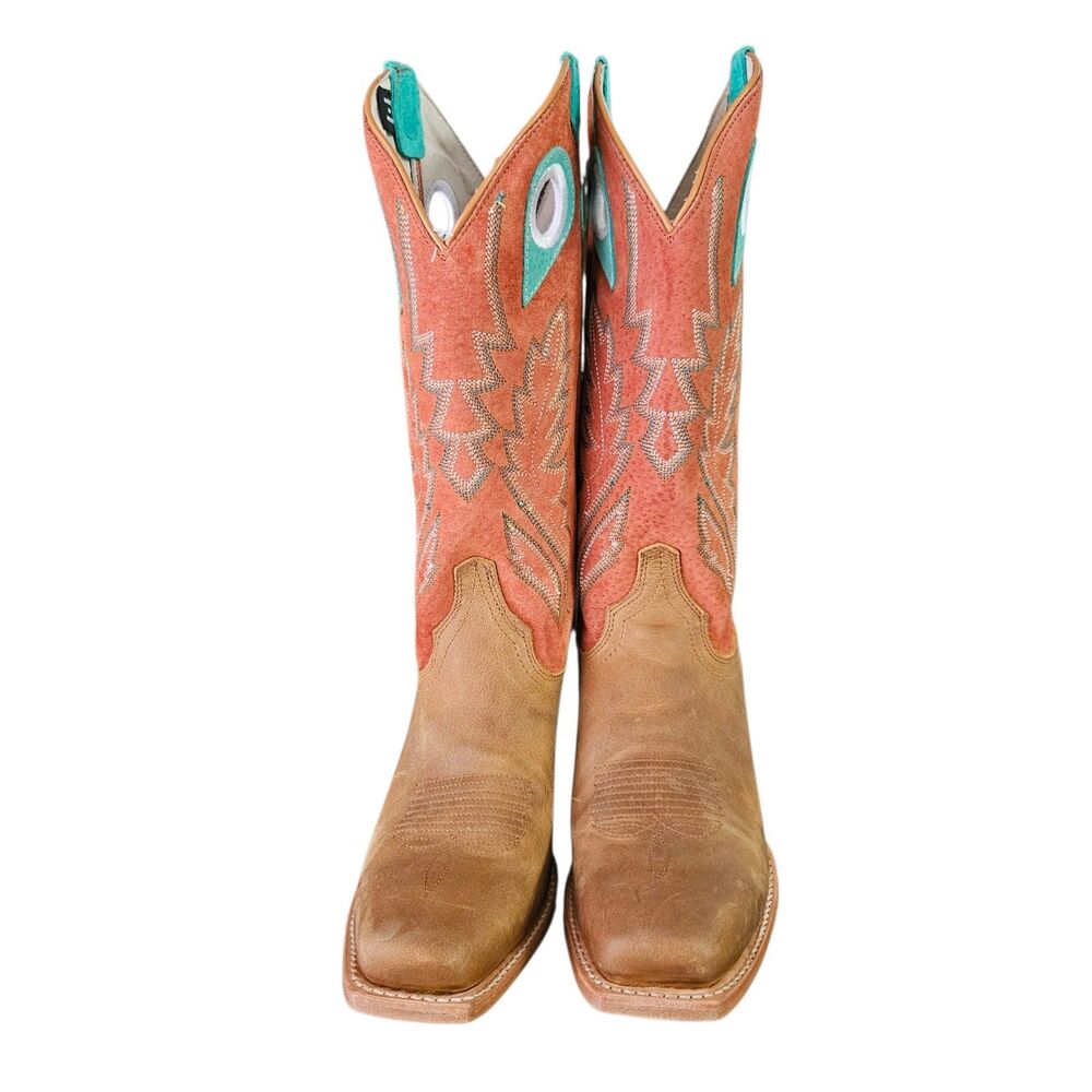 Split Size Justin Western Boots Lorena 13" R Size 8.5 L9.5 Sunflower Tan Aqua - Picture 4 of 10